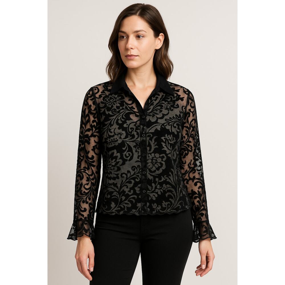 Worthington Sheer Black Burnout Velvet Blouse Size 12 Floral Long Sleeve Top